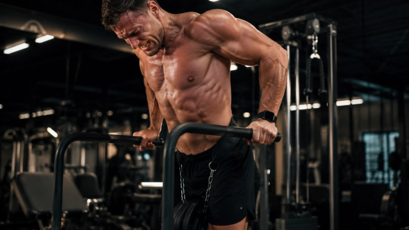atleta realizando fondos para tríceps y aumento muscular de brazos