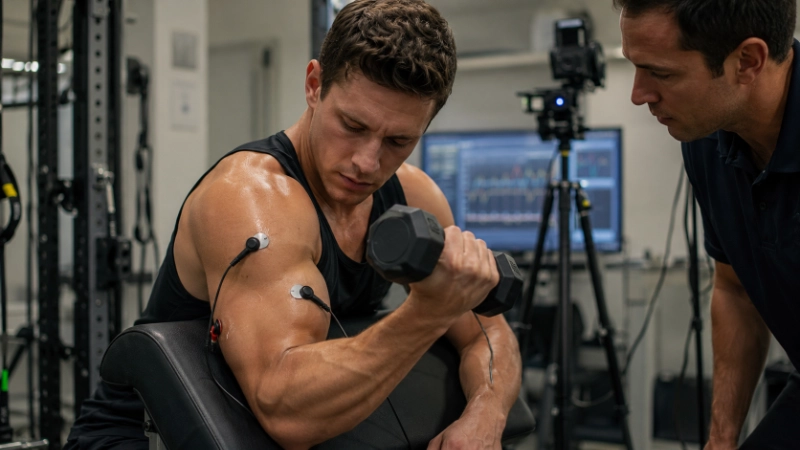 visualización científica de activación muscular y ATP en biceps
